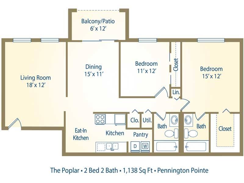 Floor plan for 2 beds, 2 baths, 1276 sqft